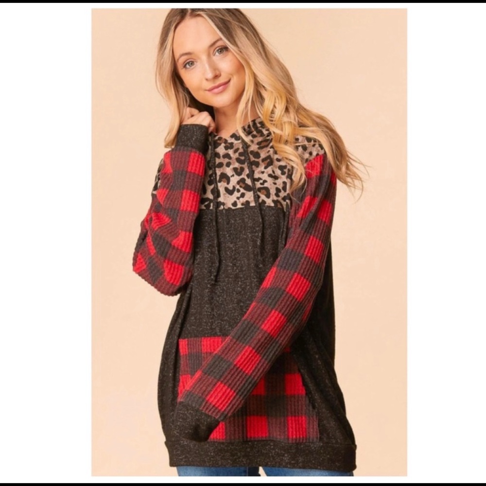 Buffalo Plaid & Leopard Block Hoodie top - Picture 3 of 3
